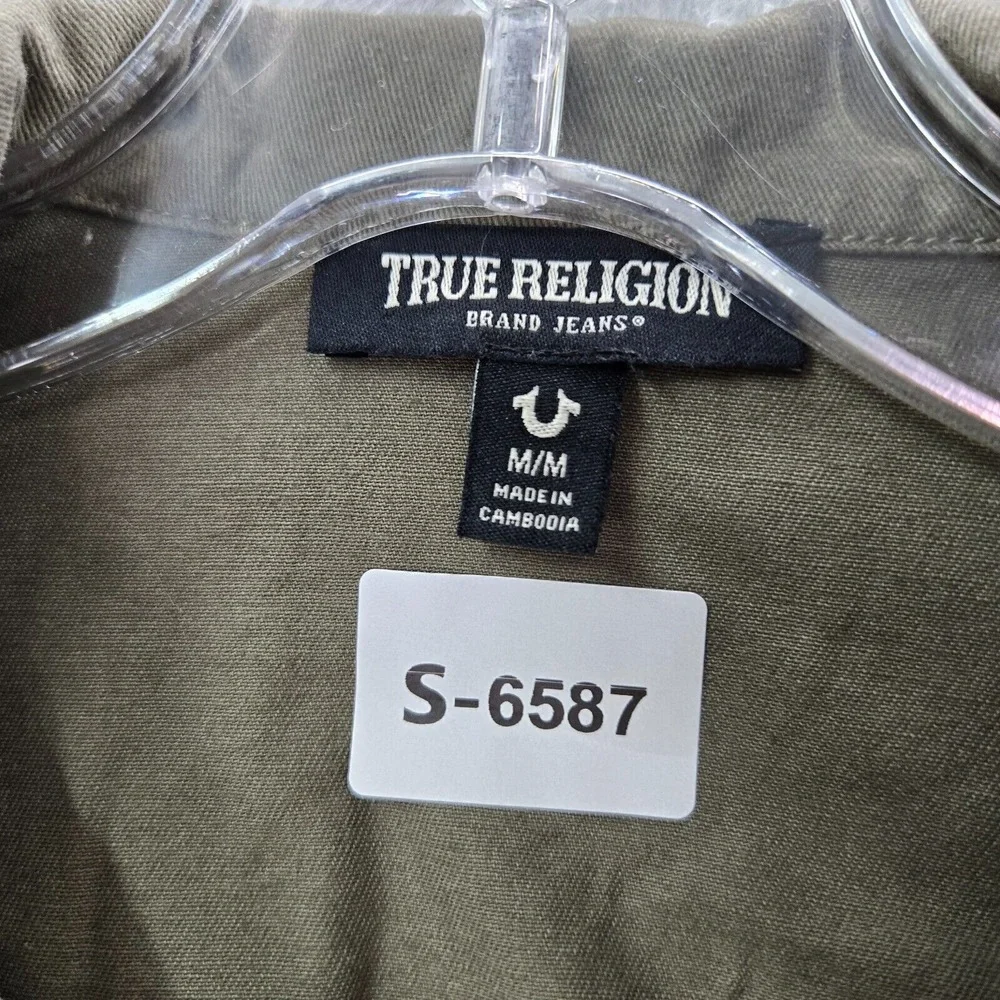 True Religion Men Jacket Medium Green Military Logo Buddha‎ Long Sleeve